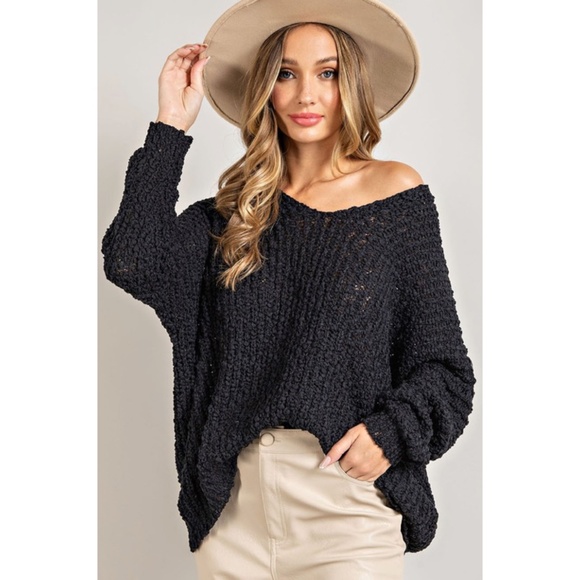 Sweaters - SOLD OUT Black Popcorn Knit Loose Fit V-Neck Relaxed Fit Casual Winter Sweater